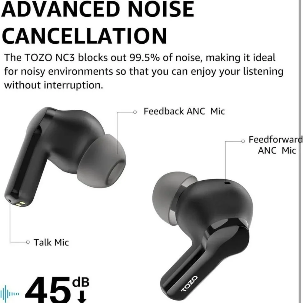 NEW Hybrid Active Noise Cancelling Wireless Bluetooth Earbuds with 6 Mics,LED